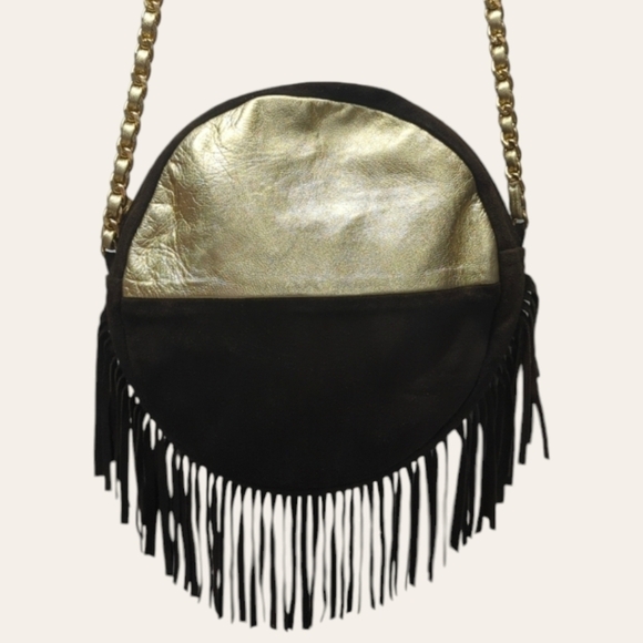 Meli Melo Rich Brown and Metallic Gold Suede Leather Fringe Crossbody - Picture 1 of 16